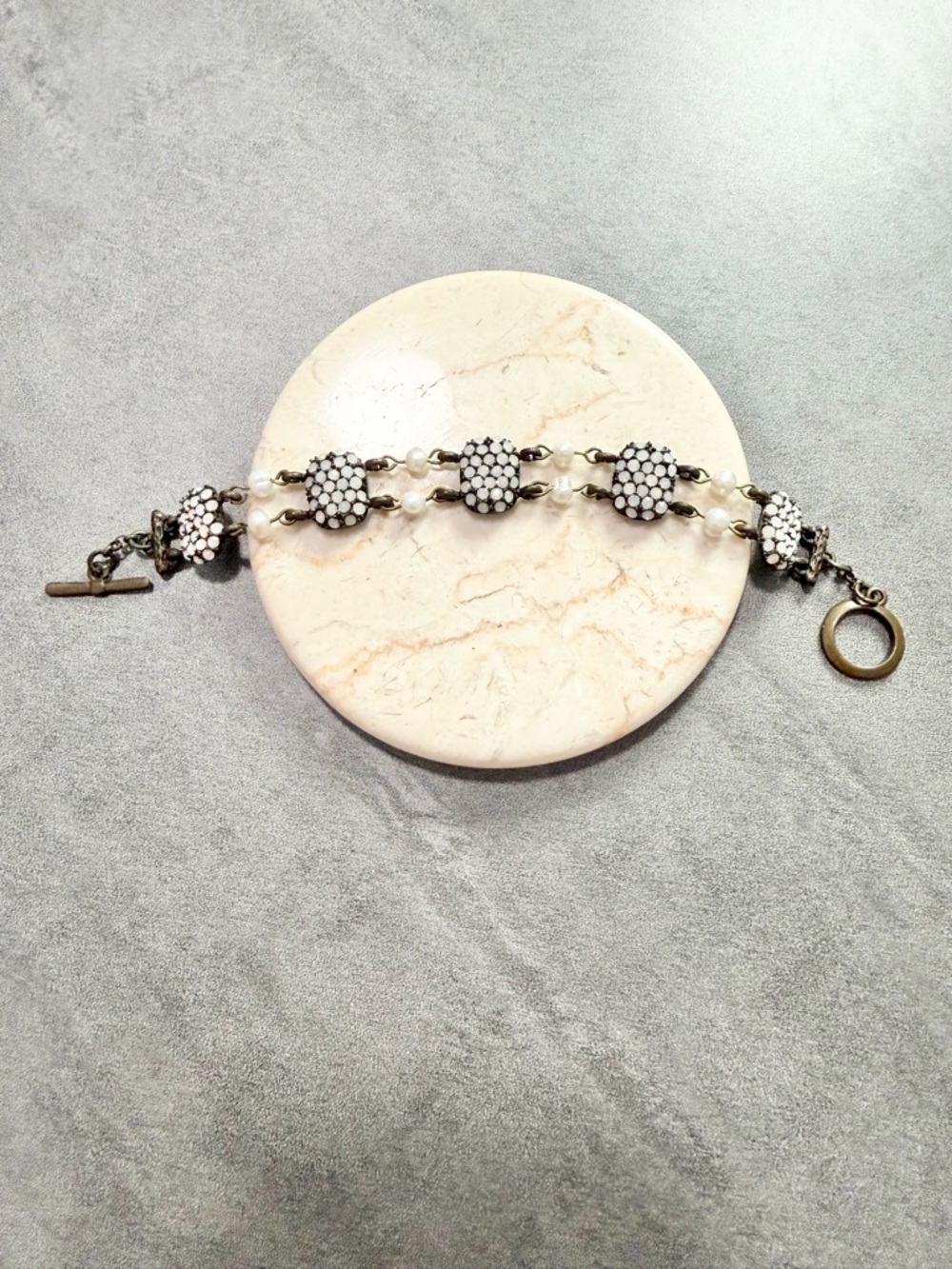 Sweet Lola Bracelet White Opal Crystals Faux Pearl Antique Bronze Toggle Closure